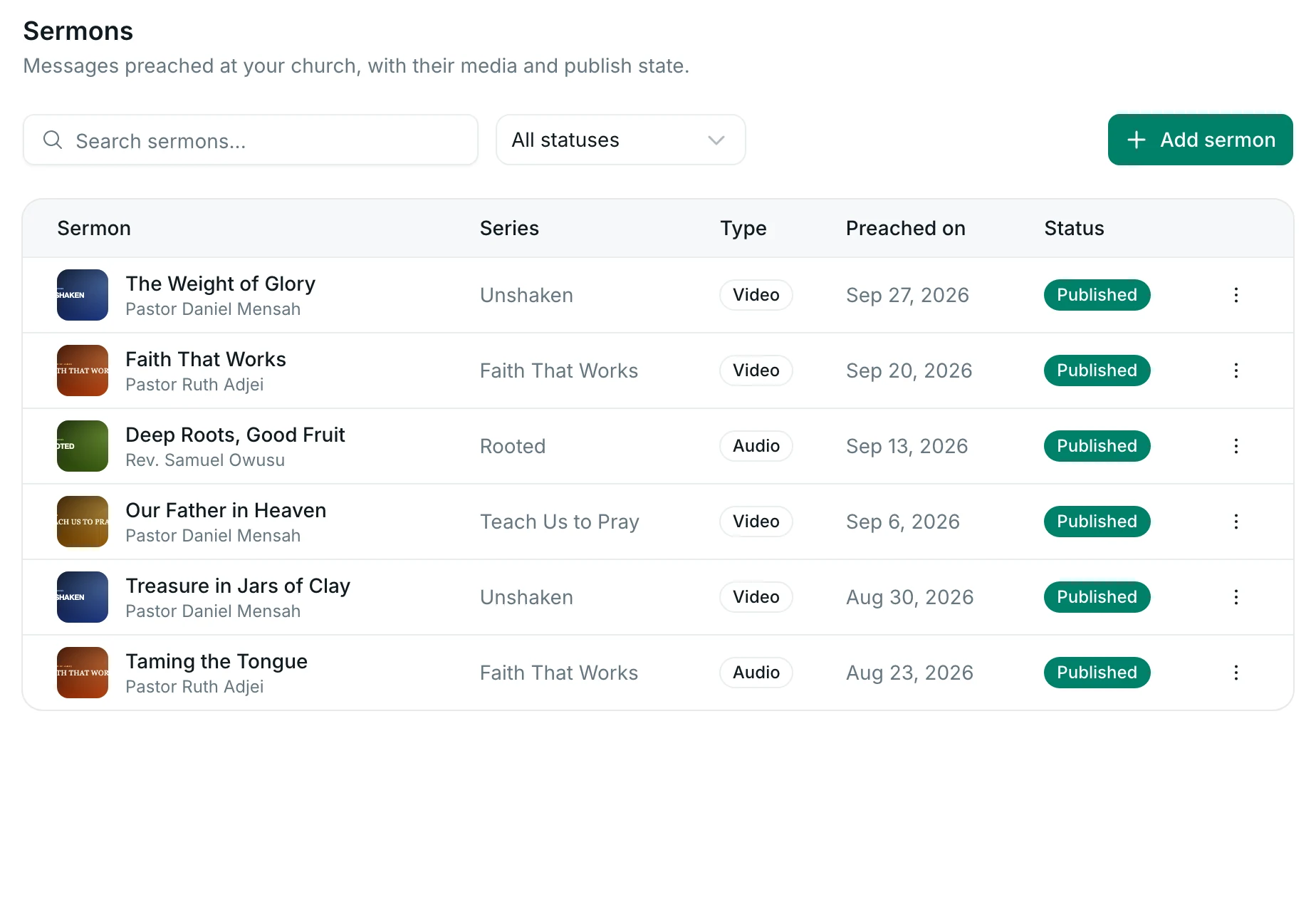 The sermons list: artwork, title, speaker, series, media type, date and publish status.