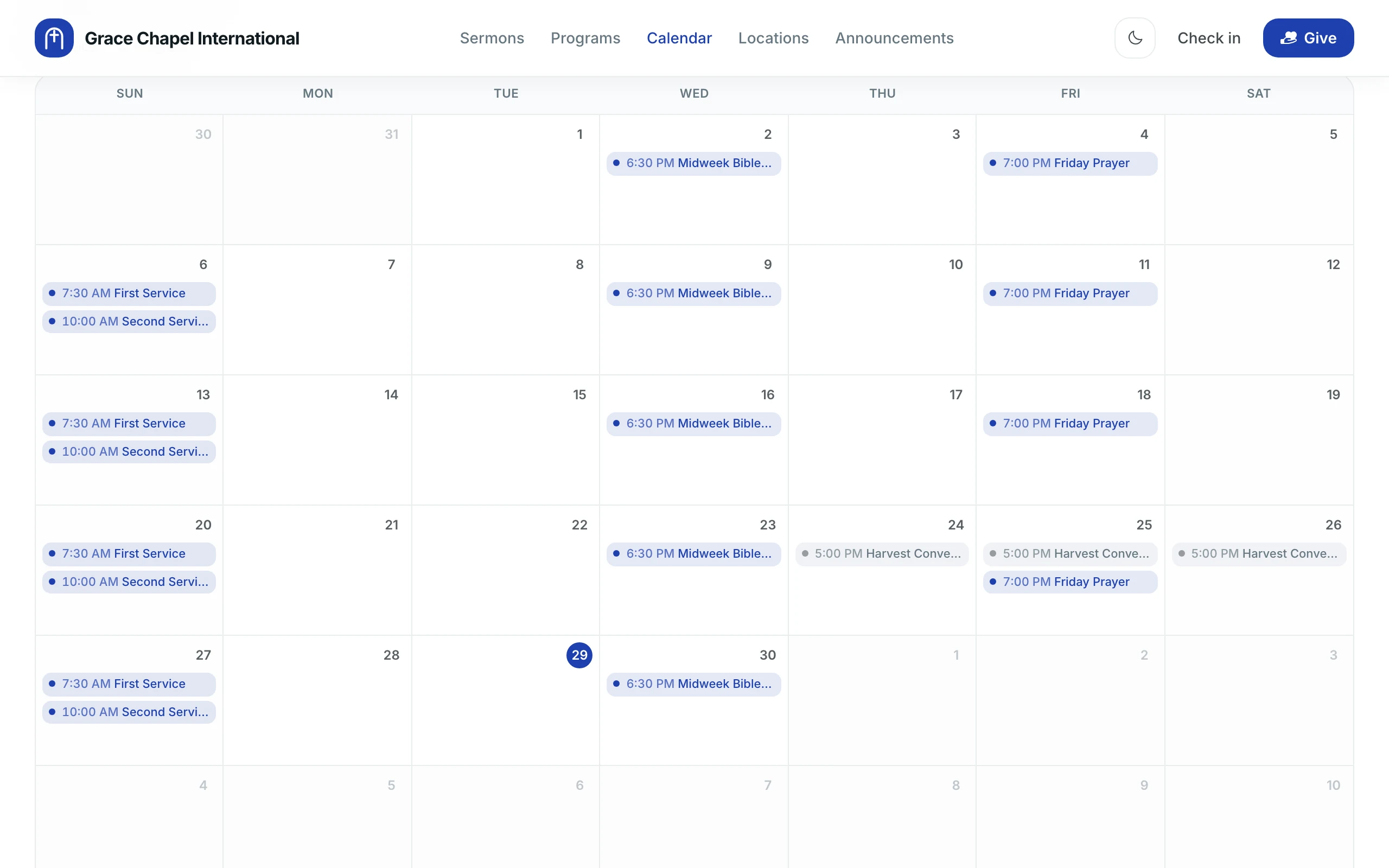 A church site’s calendar: a month grid with Sunday services, midweek Bible study and Friday prayer.