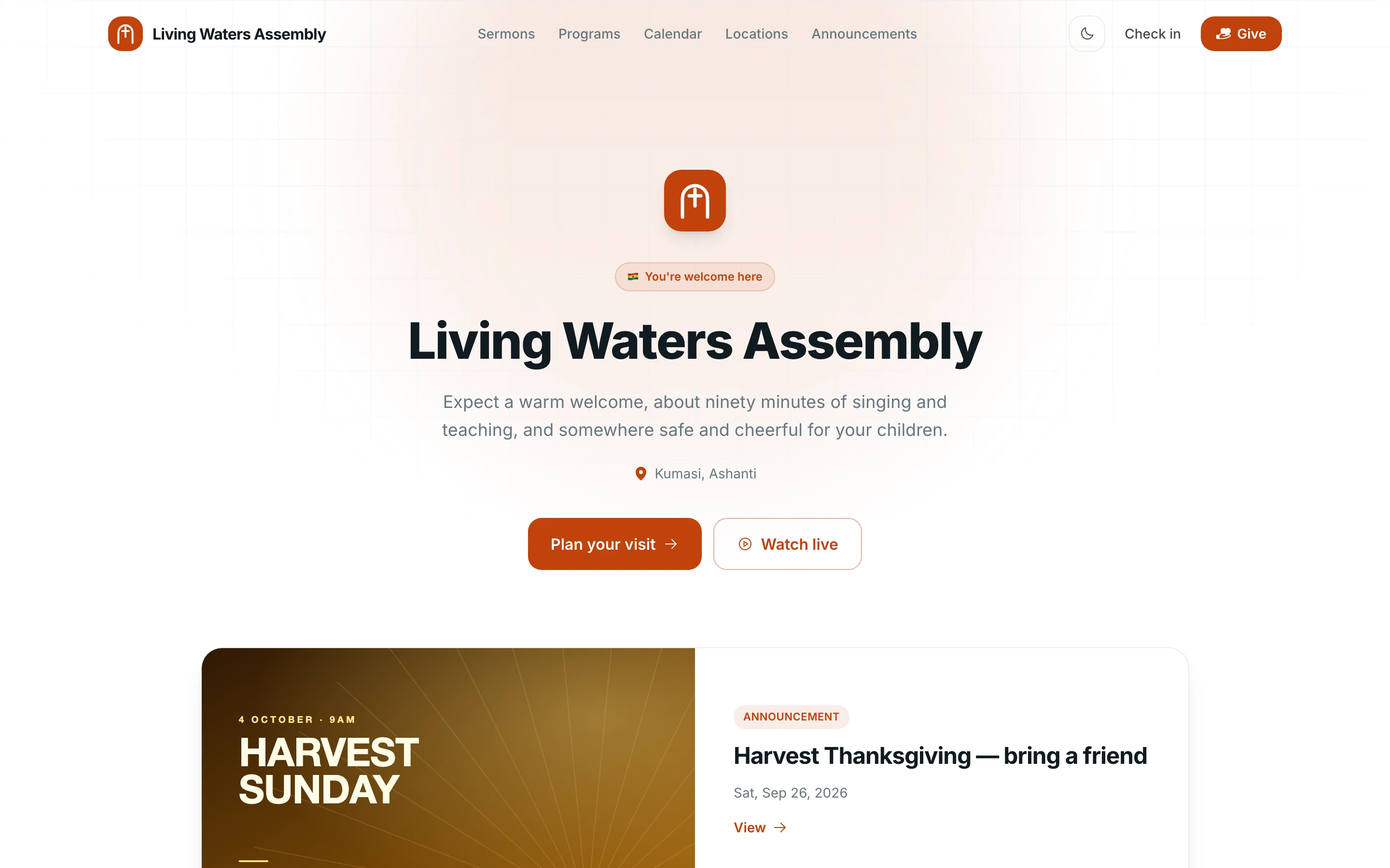 Living Waters Assembly’s public site: its name, welcome, location and buttons to plan a visit or watch live.