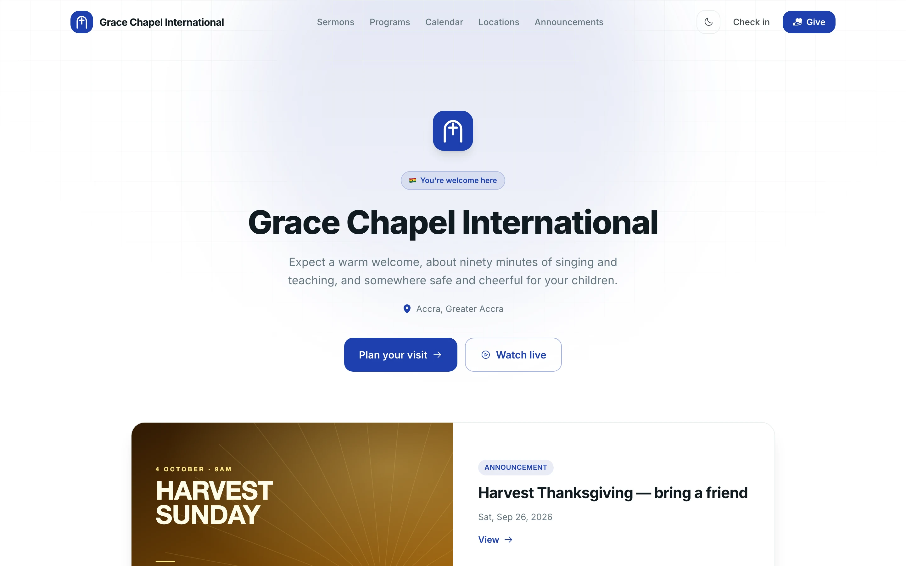 A church’s public site on MyChurch Africa: its name, welcome, location and buttons to plan a visit or watch live.