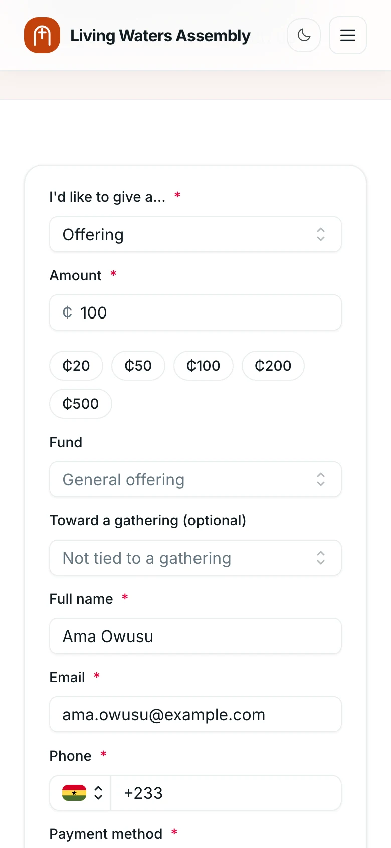 A church’s give page on a phone: offering type, amount with quick-pick buttons, fund and giver details.