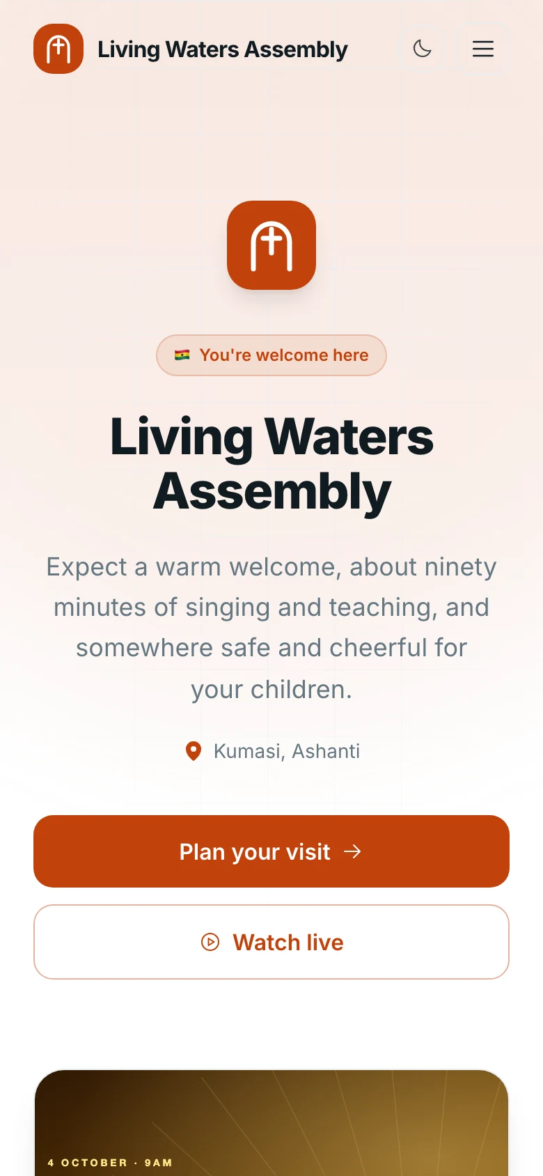 Living Waters Assembly’s site on a phone.