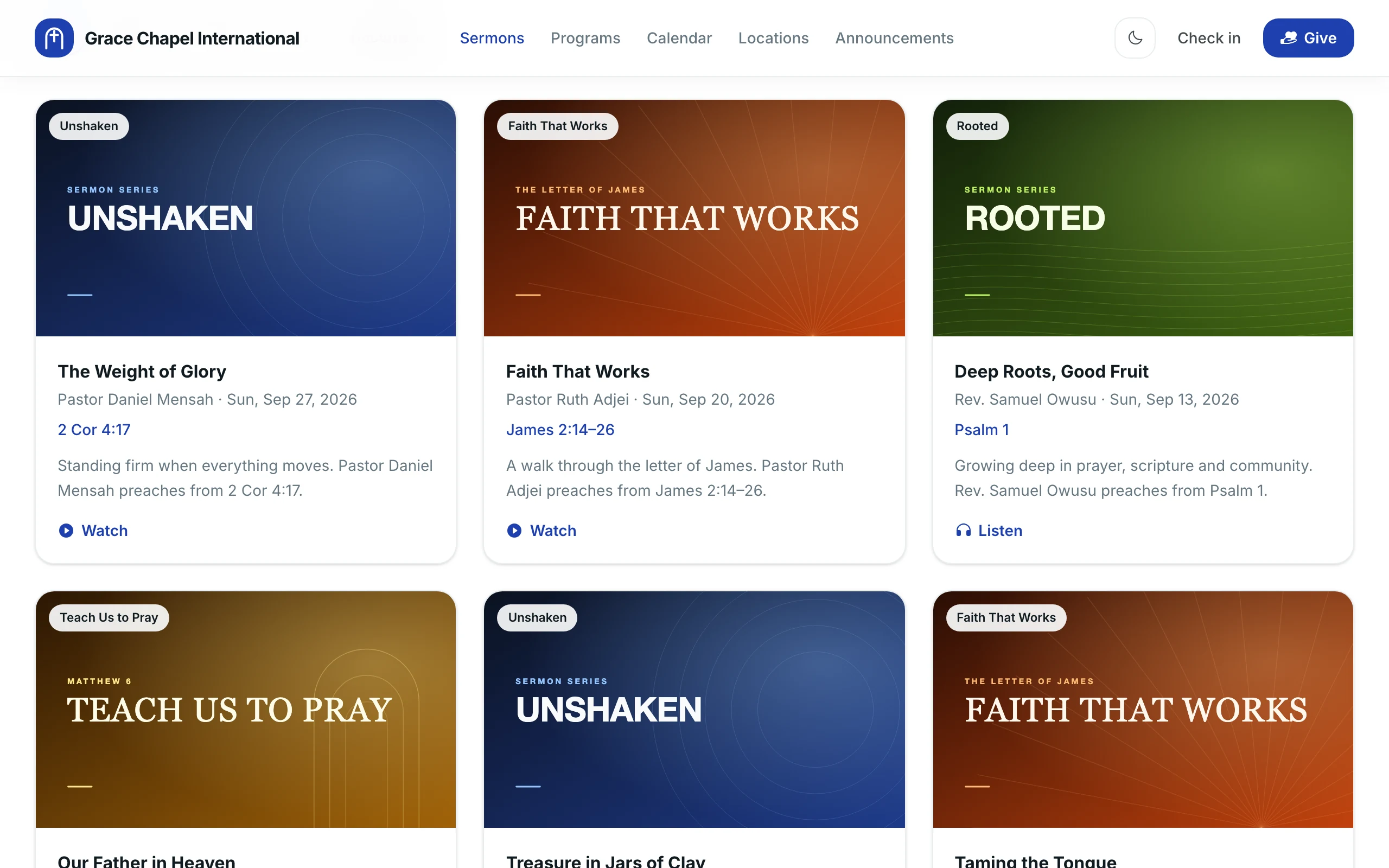 A church site’s sermons page: search, media filters and sermon cards with series artwork.