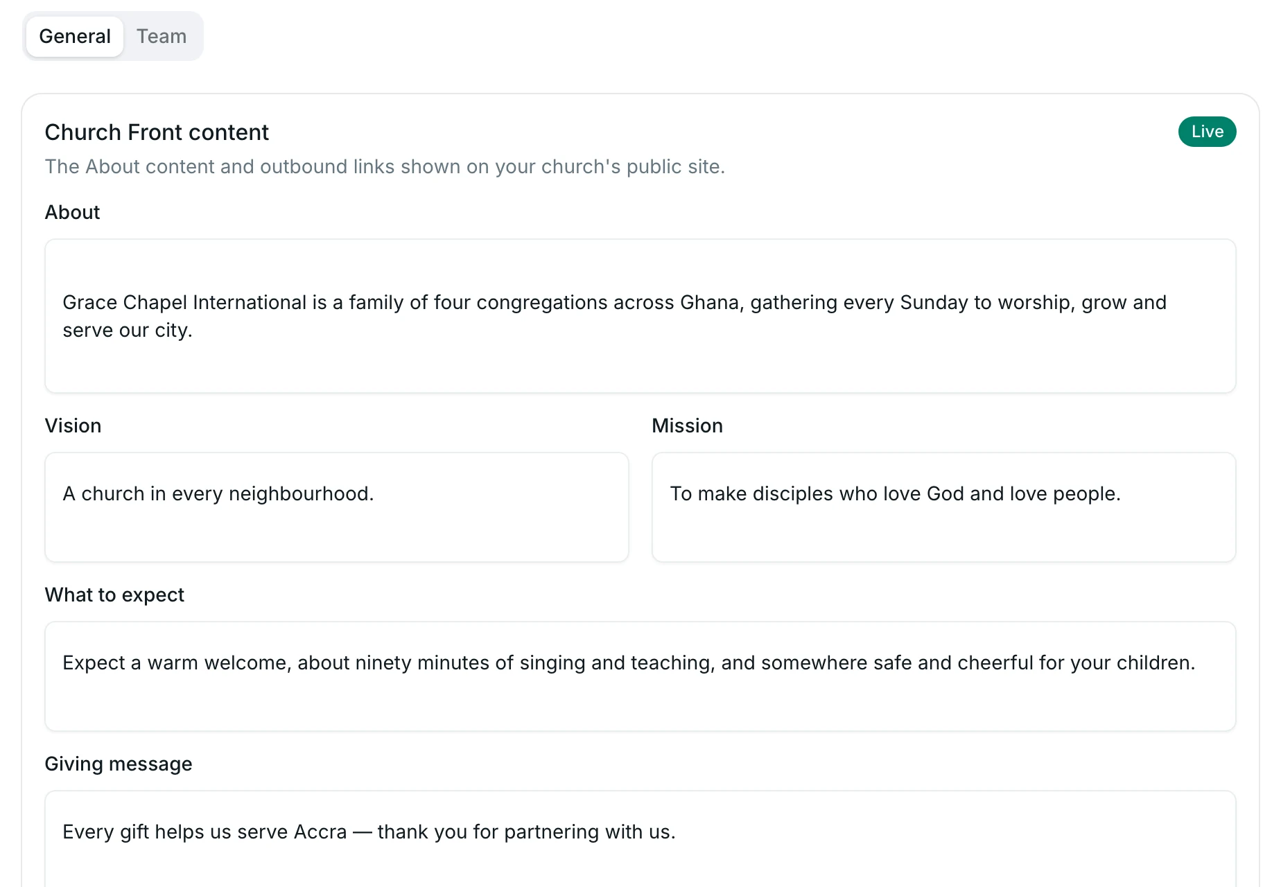 Church website settings in the dashboard: about, vision, mission, what to expect, giving message and accent colour.